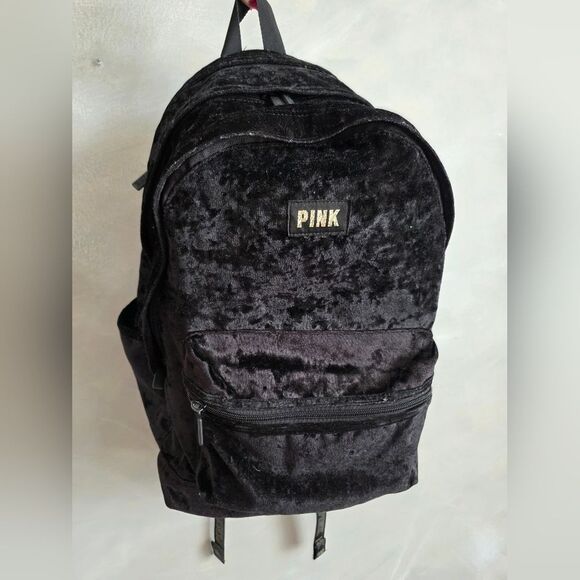 Victorias Secret Pink Logo Velvet Large Campus Backpack Bookbag Black Full Size - Picture 1 of 14